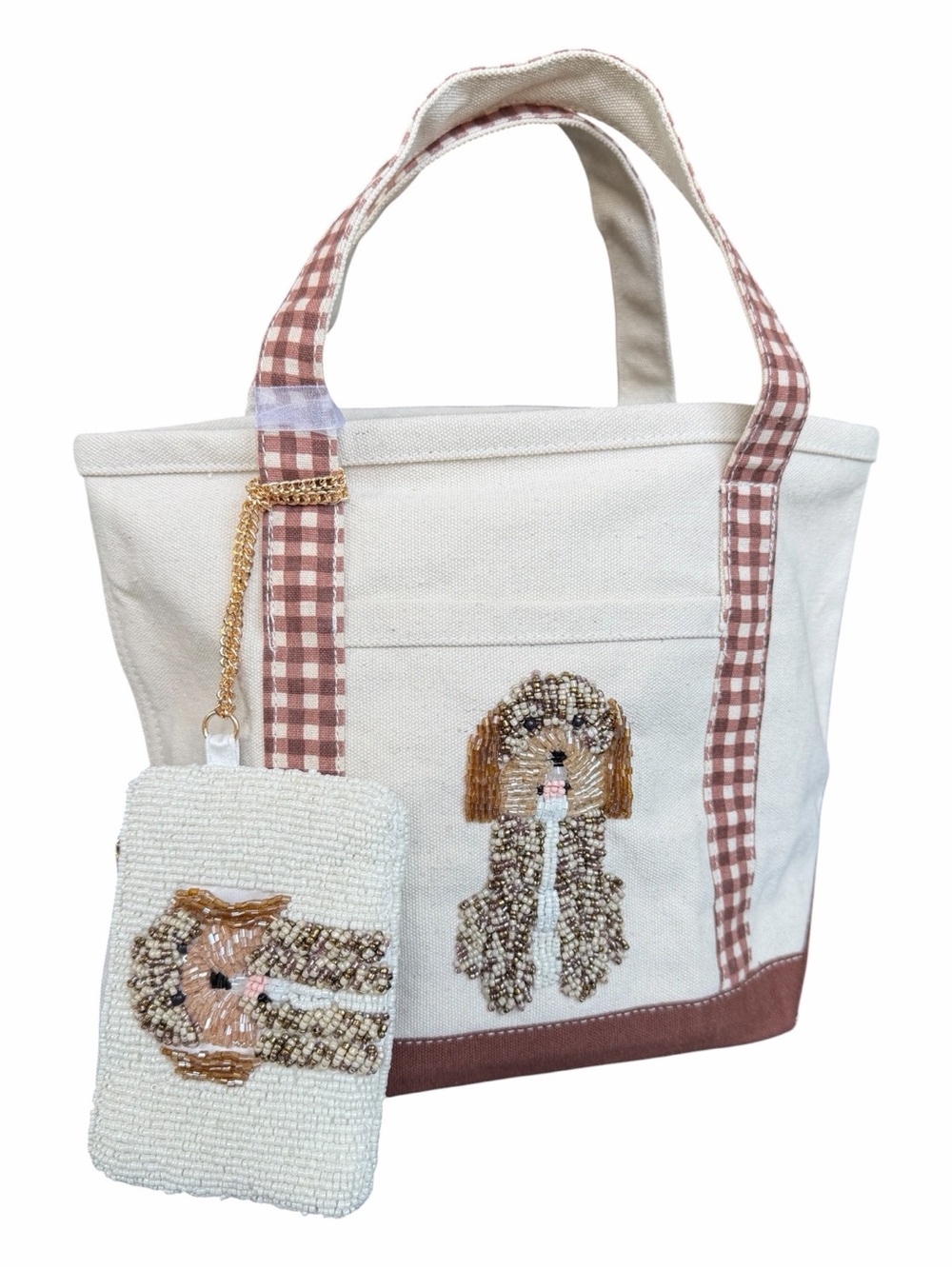 Viral Beaded Golden Doodle Gingham Canvas Mini Tote Bag NWT Marshalls TJMaxx